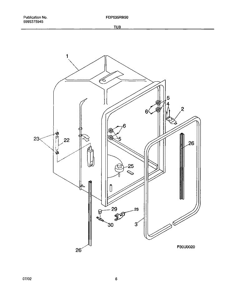 TUB Diagram and Parts List for FDP635RBS0  Frigidaire Dishwasher