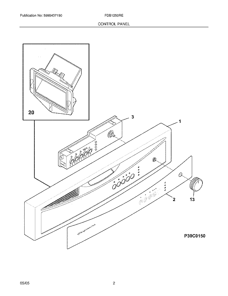 CONTROL PANEL Diagram and Parts List for FDB1250REB0  Frigidaire Dishwasher