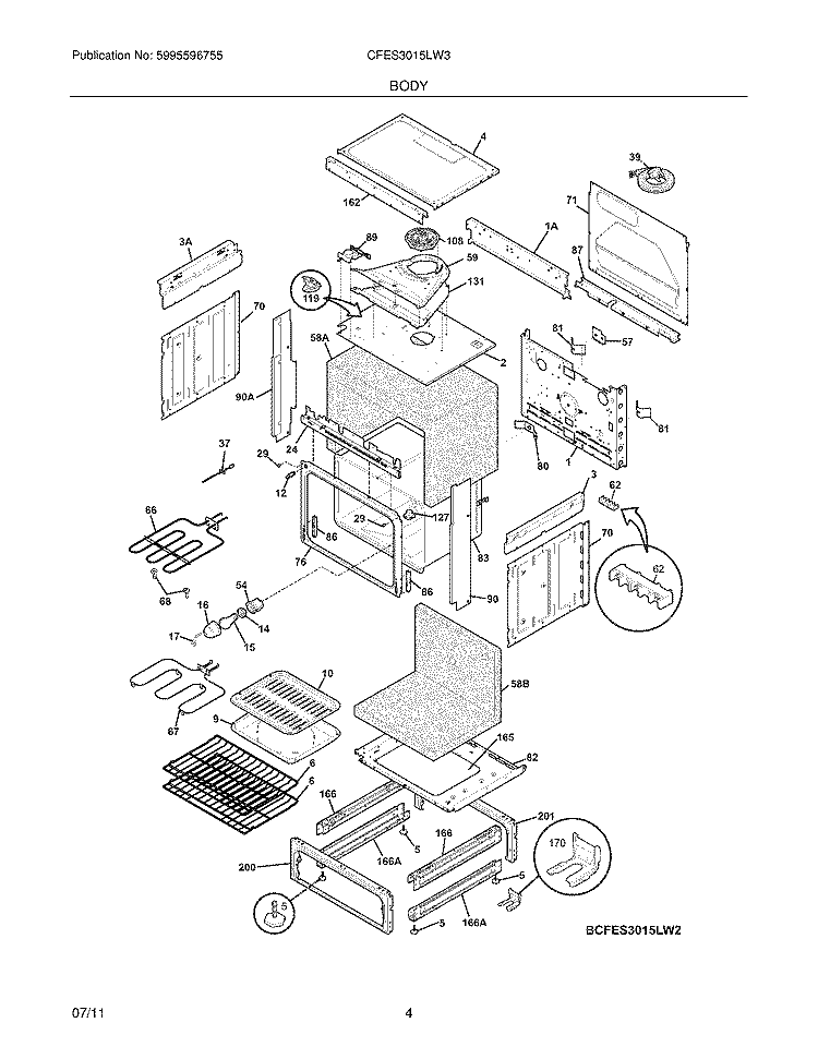 BODY Diagram and Parts List for CFES3015LW3  Frigidaire Range