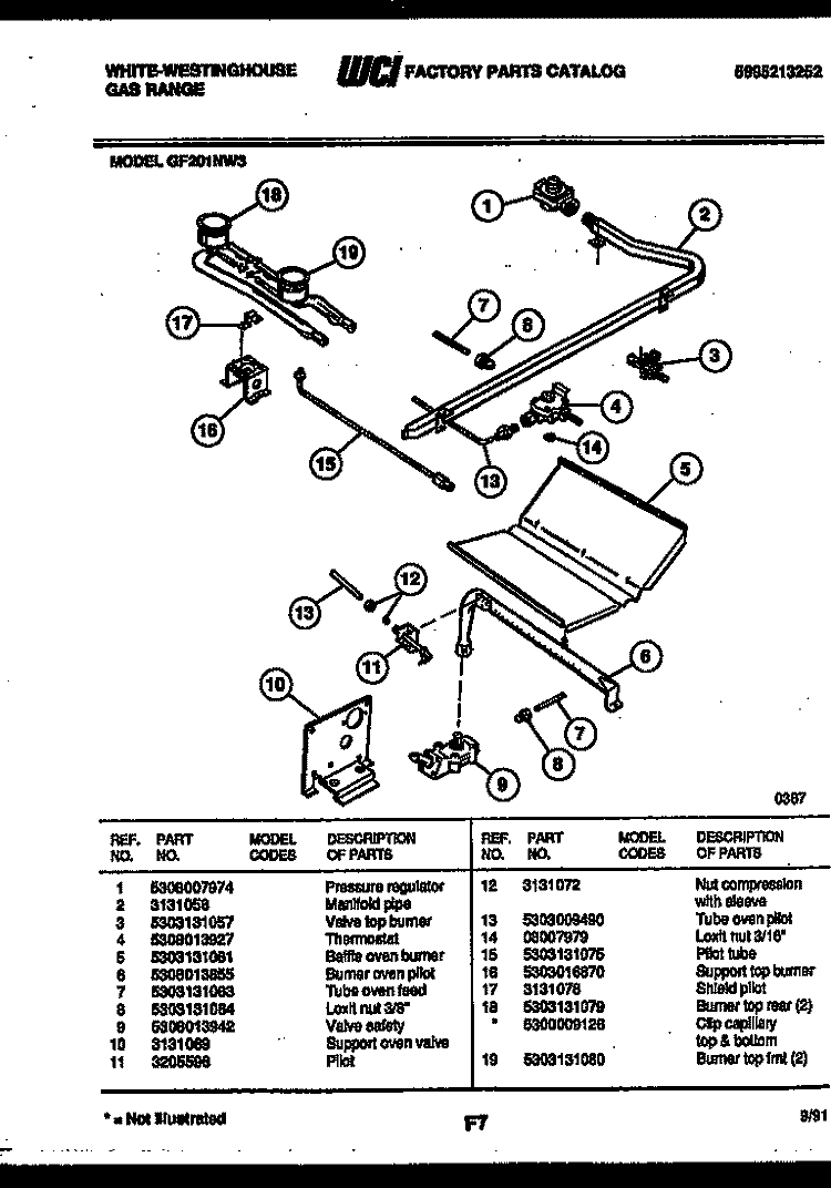 BURNER, MANIFOLD AND GAS CONTROL Diagram and Parts List for GF201ND3  Frigidaire Range