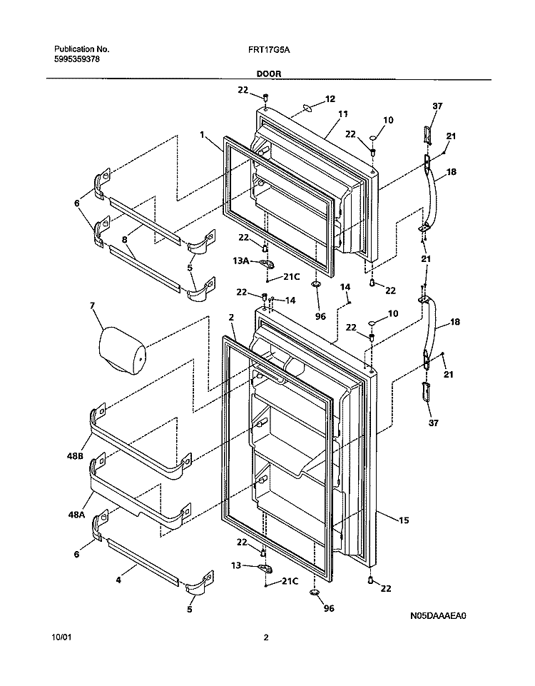 DOORS Diagram and Parts List for FRT17G5AZ0  Frigidaire Refrigerator