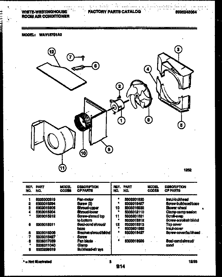 AIR HANDLING PARTS Diagram and Parts List for WAV157S1A2  Frigidaire Air Conditioner