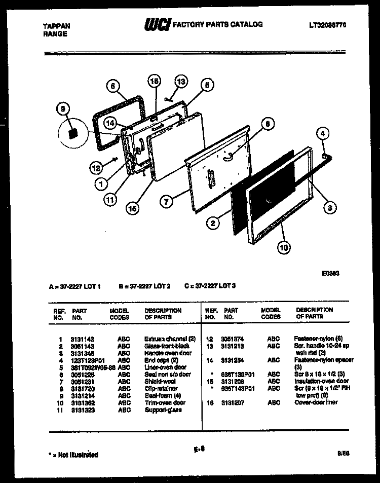 DOOR PARTS Diagram and Parts List for 37-2227-23-01  Tappan Range