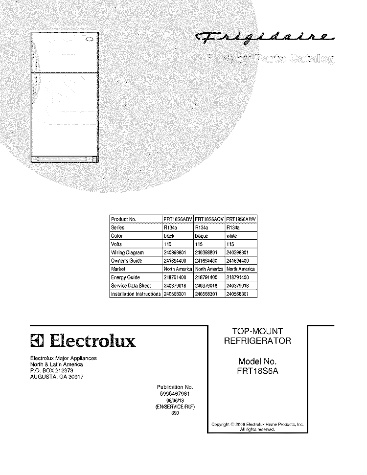 COVER Diagram and Parts List for FRT18S6AQV  Frigidaire Refrigerator