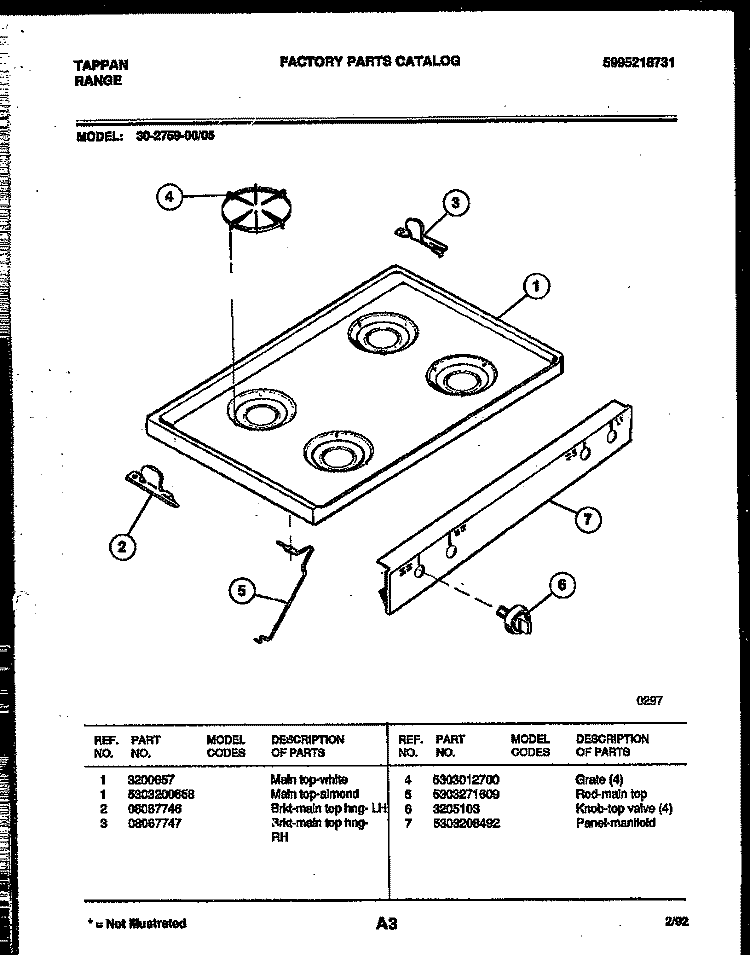COOKTOP PARTS Diagram and Parts List for 30-2759-00-05  Tappan Range