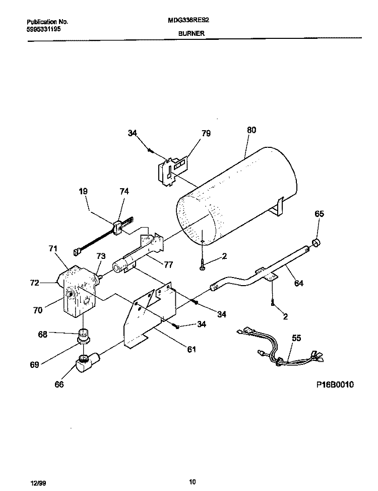 BURNER Diagram and Parts List for MDG336RES2  Frigidaire Dryer