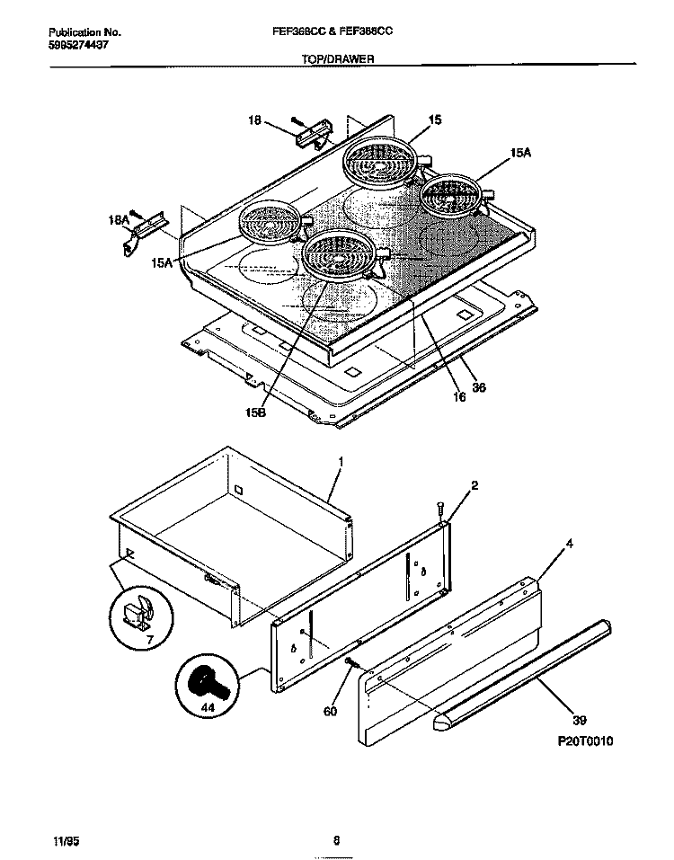 TOP / DRAWER Diagram and Parts List for FEF368CCTC  Frigidaire Range