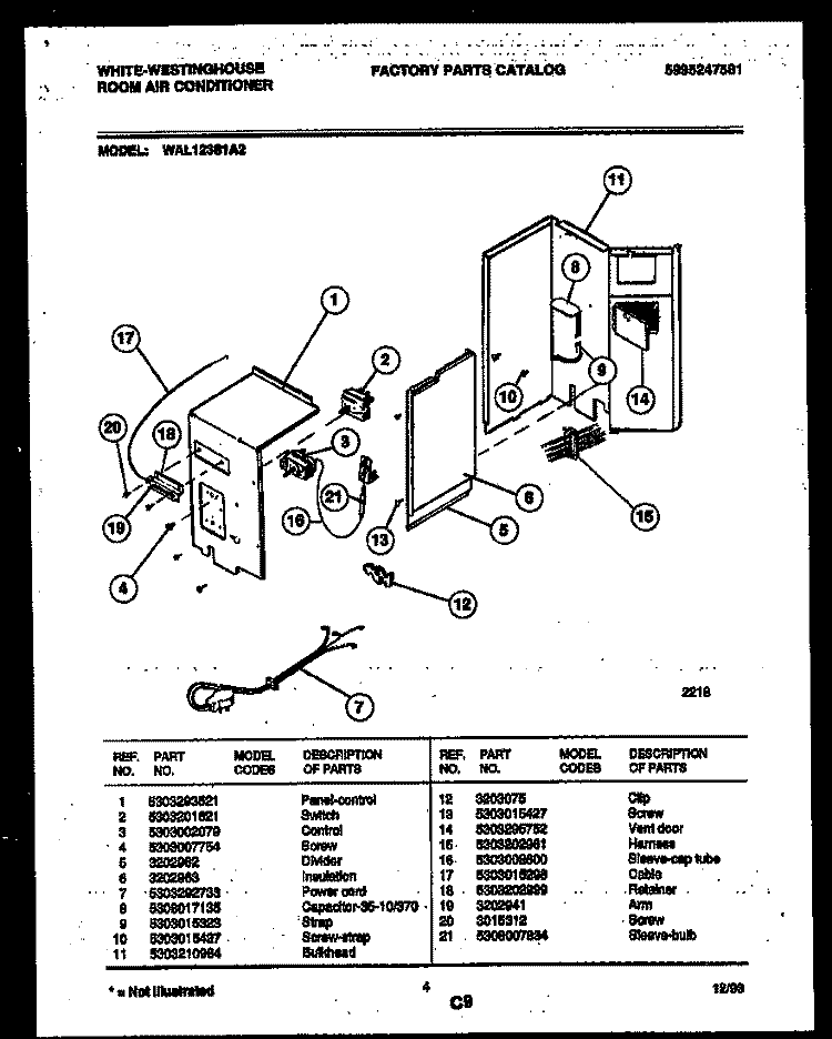 ELECTRICAL PARTS Diagram and Parts List for WAL123S1A2  Frigidaire Air Conditioner