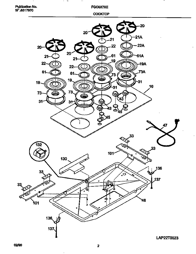 COOKTOP Diagram and Parts List for FGC6X7XEBD  Frigidaire Cooktop
