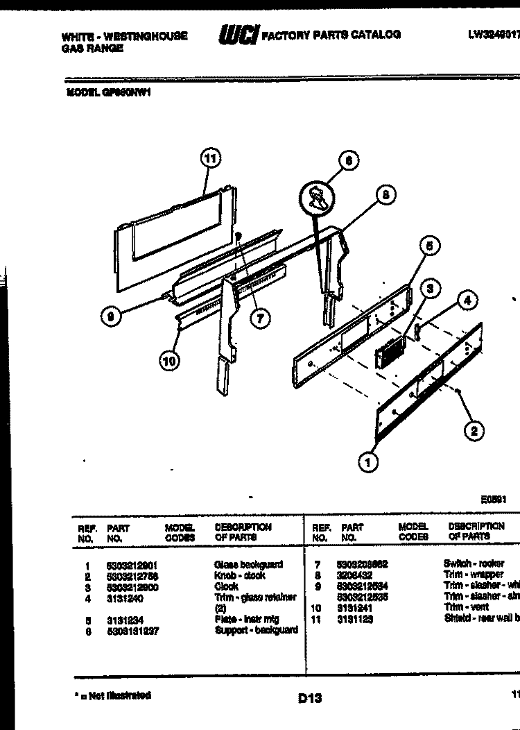BACKGUARD Diagram and Parts List for GF860ND1  Frigidaire Range