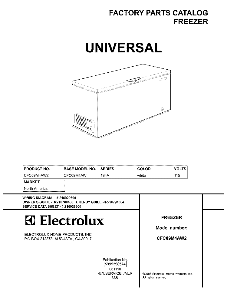 COVER Diagram and Parts List for CFC09M4AW2  Uni Freezer