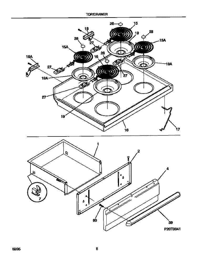 TOP / DRAWER Diagram and Parts List for FEF323CASB  Frigidaire Range