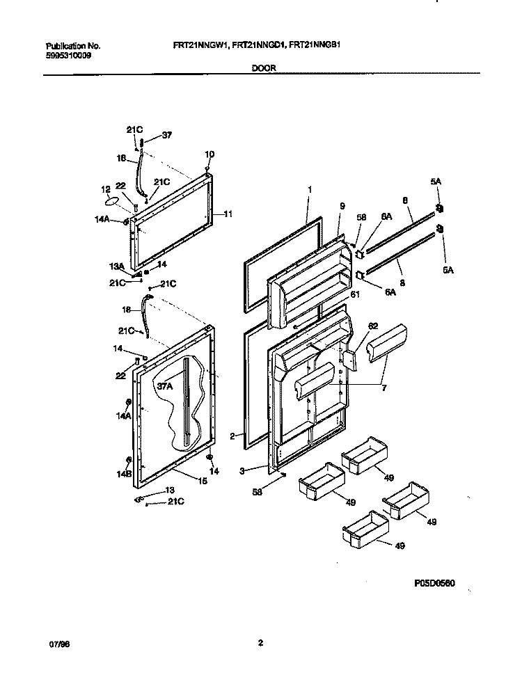 DOOR Diagram and Parts List for FRT21NNGB1  Frigidaire Refrigerator