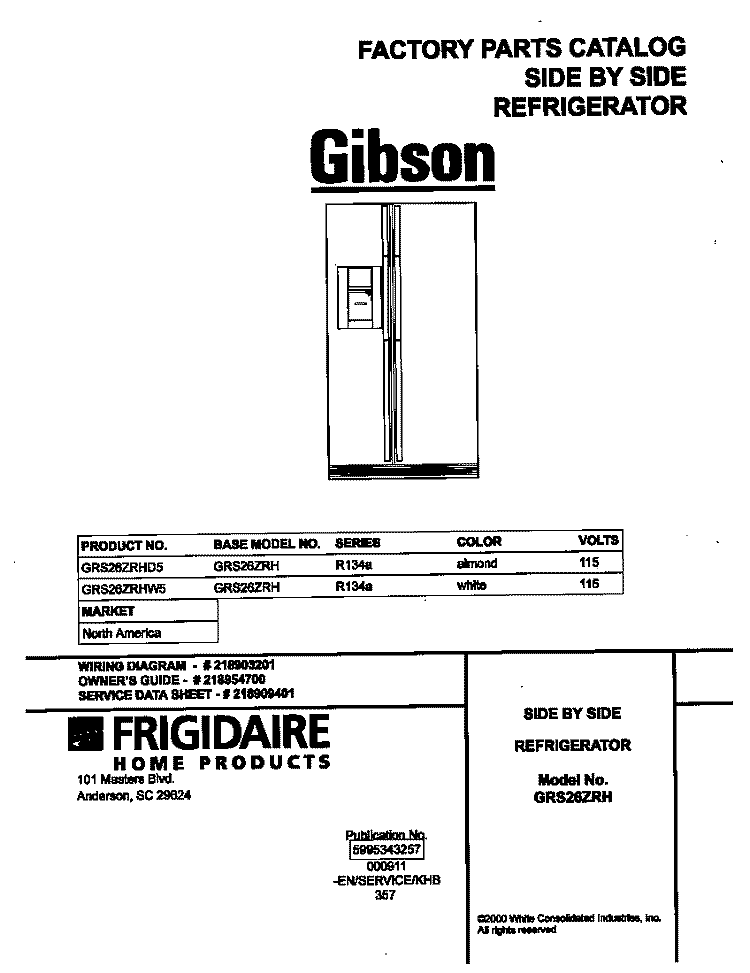 COVER Diagram and Parts List for GRS26ZRHW5  Gibson Refrigerator