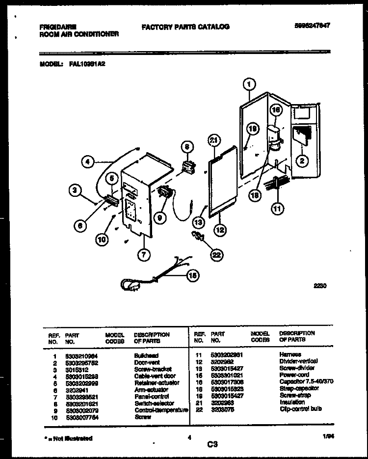 ELECTRICAL PARTS Diagram and Parts List for FAL103S1A2  Frigidaire Air Conditioner