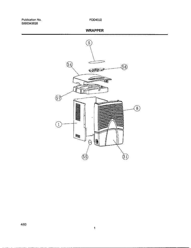 WRAPPER Diagram and Parts List for FDD40J2  Frigidaire Dehumidifier