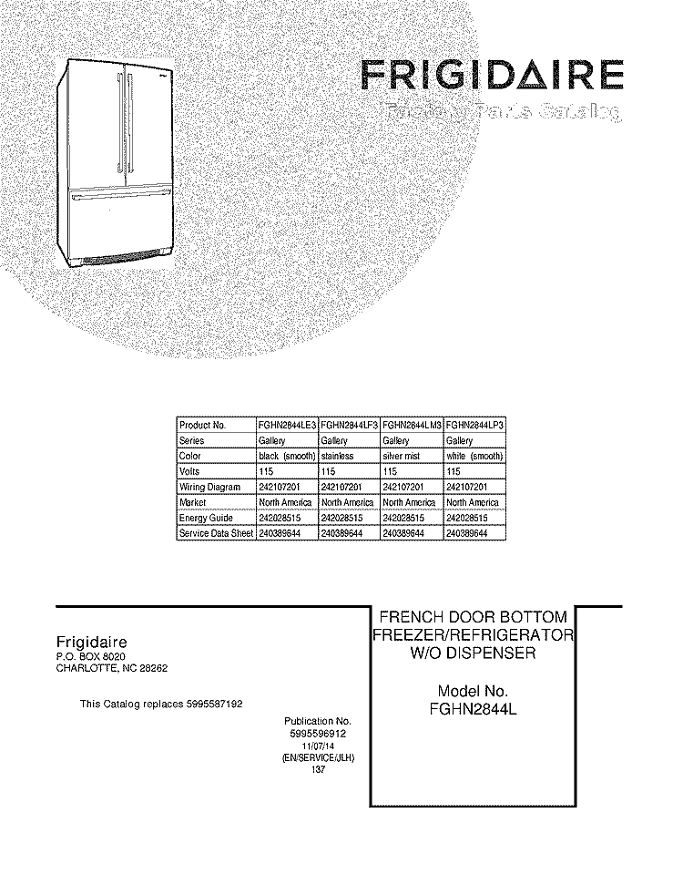 COVER Diagram and Parts List for FGHN2844LE3  Frigidaire Refrigerator