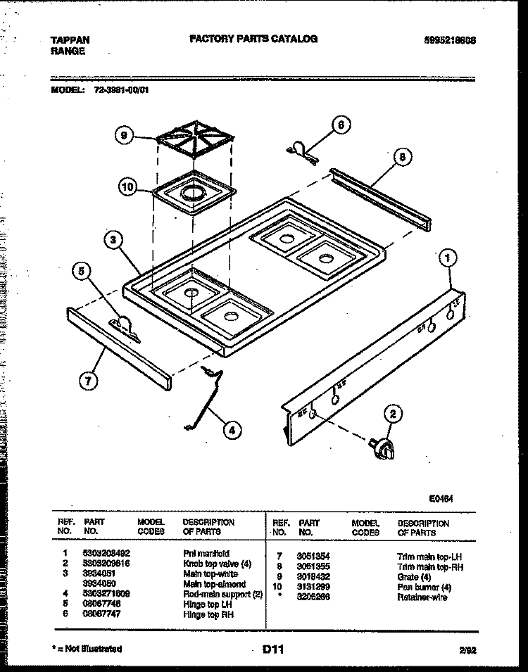 COOKTOP PARTS Diagram and Parts List for 72-3981-23-01  Tappan Range