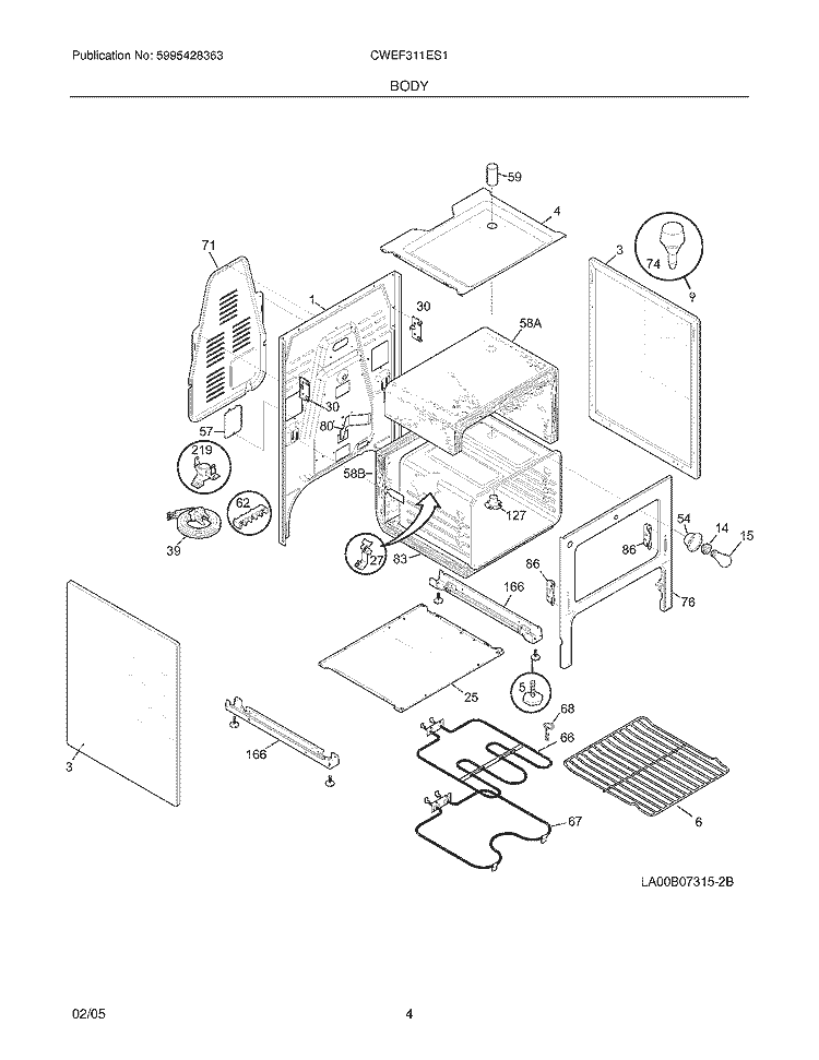 BODY Diagram and Parts List for CWEF311ES1  Westinghouse Range