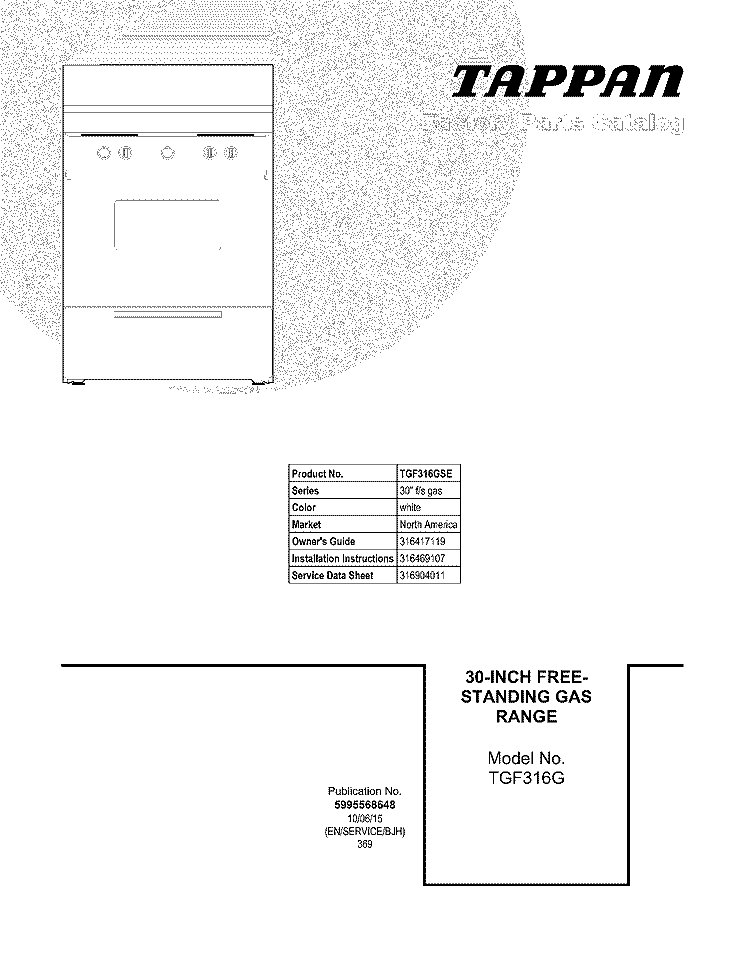 COVER Diagram and Parts List for TGF316GSE  Tappan Range