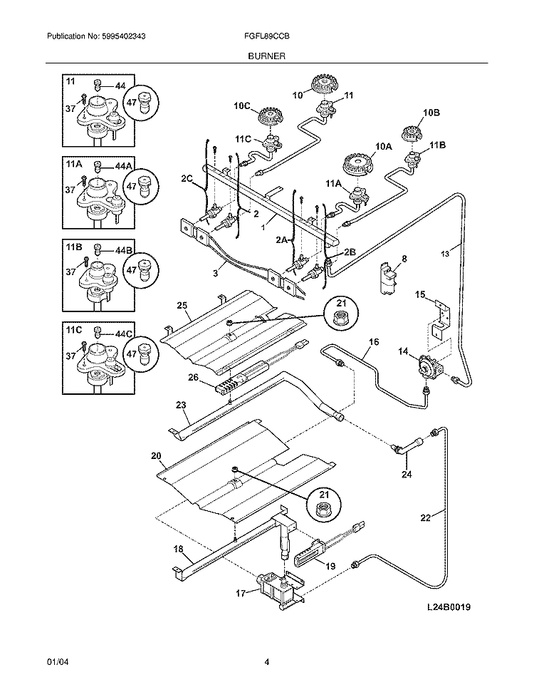 BURNER Diagram and Parts List for FGFL89CCB  Frigidaire Range