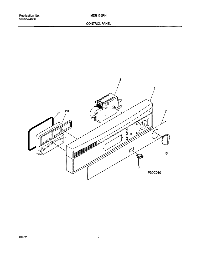 CONTROL PANEL Diagram and Parts List for MDB125RHD3  Uni Dishwasher