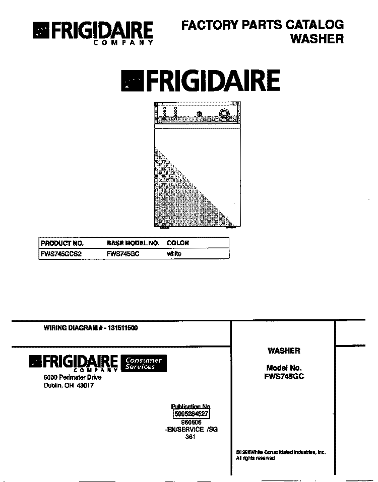 COVER Diagram and Parts List for FWS745GCS2  Frigidaire Washer