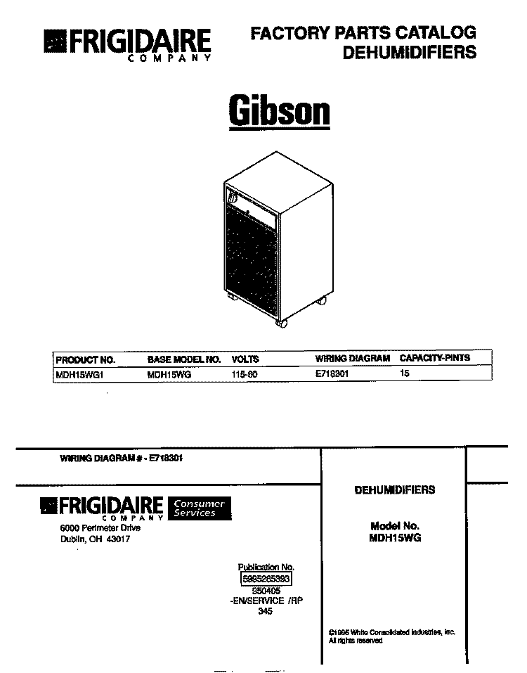 COVER Diagram and Parts List for MDH15WG1  Gibson Dehumidifier