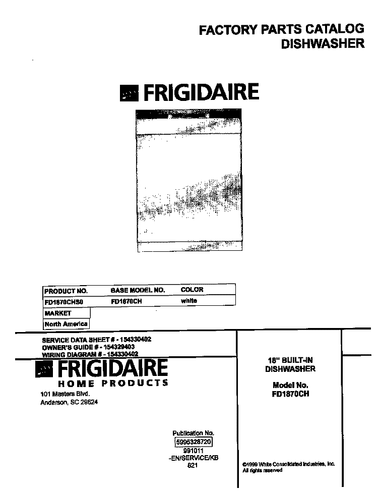 COVER Diagram and Parts List for FD1870CHS0  Frigidaire Dishwasher