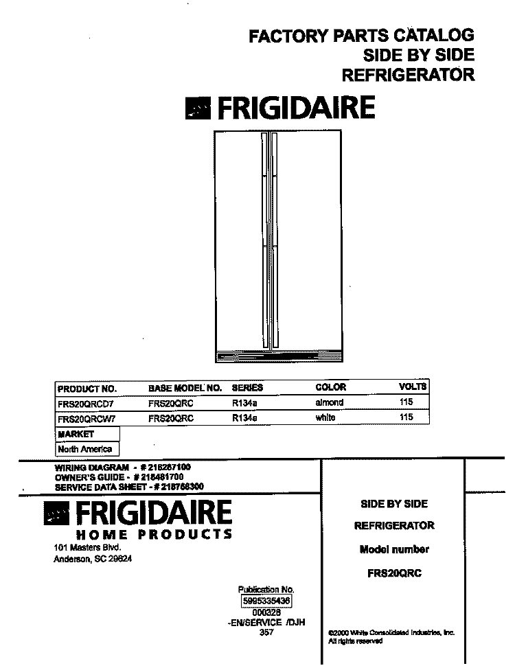 COVER Diagram and Parts List for FRS20QRCD7  Frigidaire Refrigerator