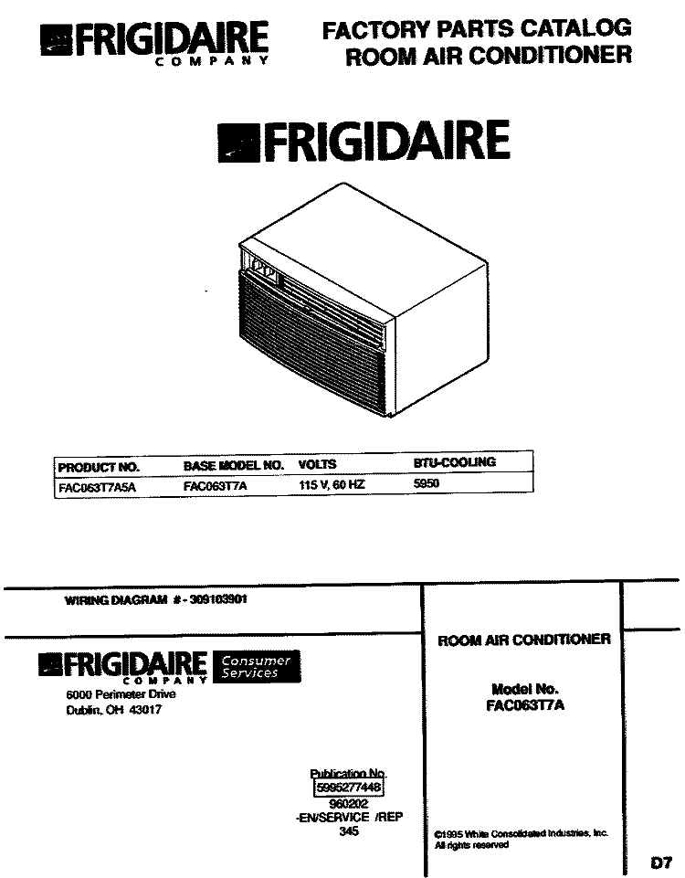 COVER Diagram and Parts List for FAC063T7A5A  Frigidaire Air Conditioner
