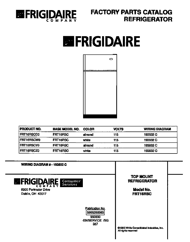 COVER Diagram and Parts List for FRT16RSCW0  Frigidaire Refrigerator