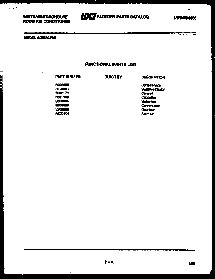 AIR HANDLING PARTS Diagram and Parts List for AH125L2T1  Frigidaire Air Conditioner