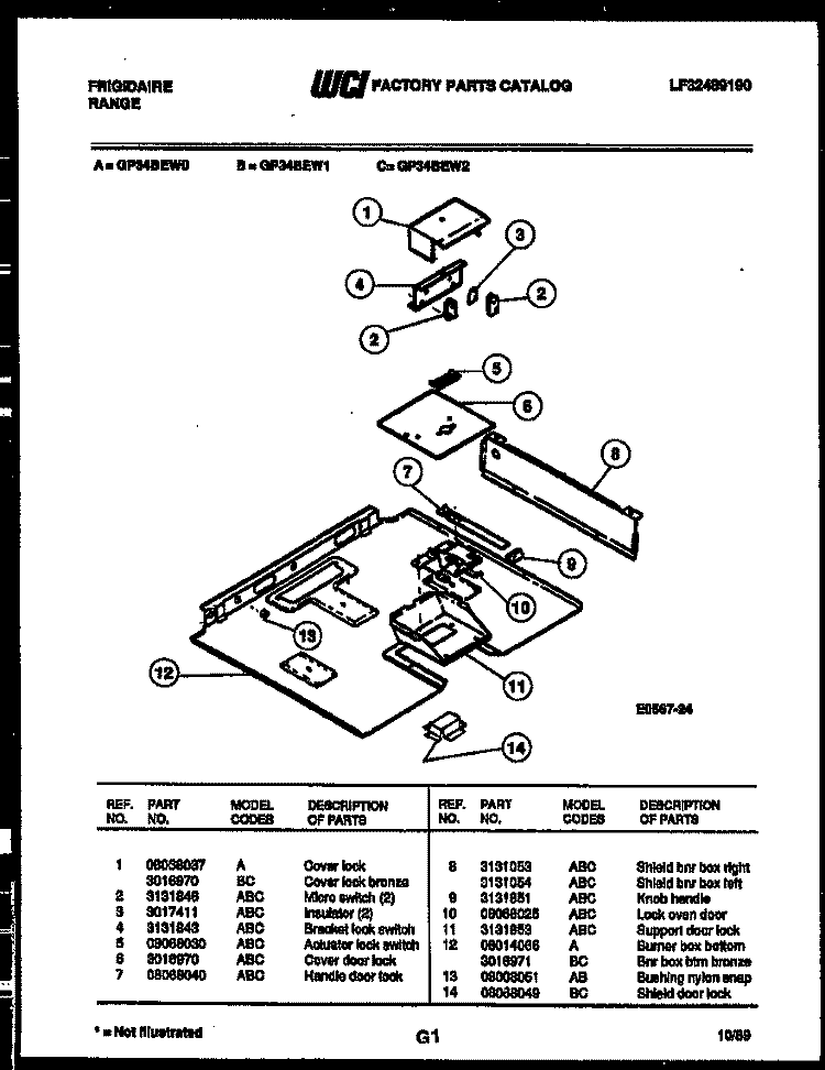 BURNER BOX PARTS Diagram and Parts List for GP34BEL0  Frigidaire Range