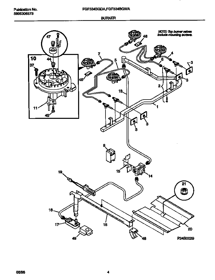 BURNER Diagram and Parts List for FGF334BGDA  Frigidaire Range
