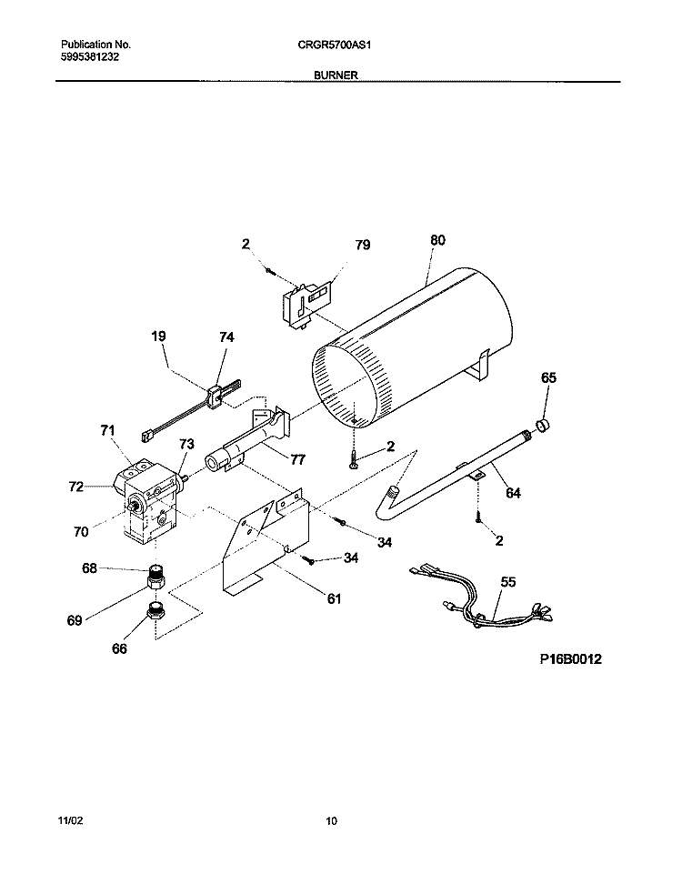 BURNER Diagram and Parts List for CRGR5700AS1  Frigidaire Dryer