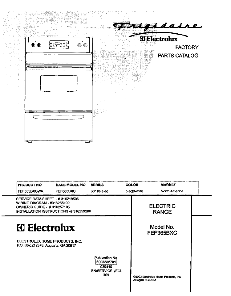 COVER Diagram and Parts List for FEF365BXCWA  Frigidaire Range