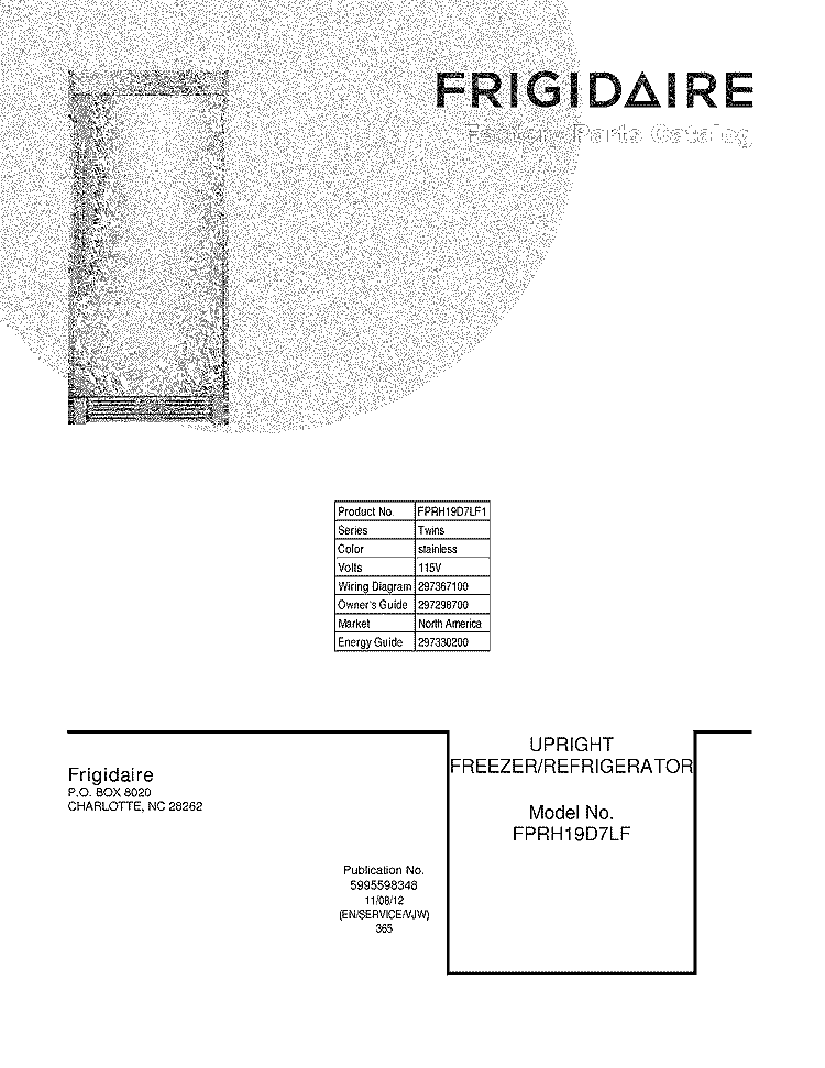 COVER Diagram and Parts List for FPRH19D7LF1  Frigidaire Refrigerator