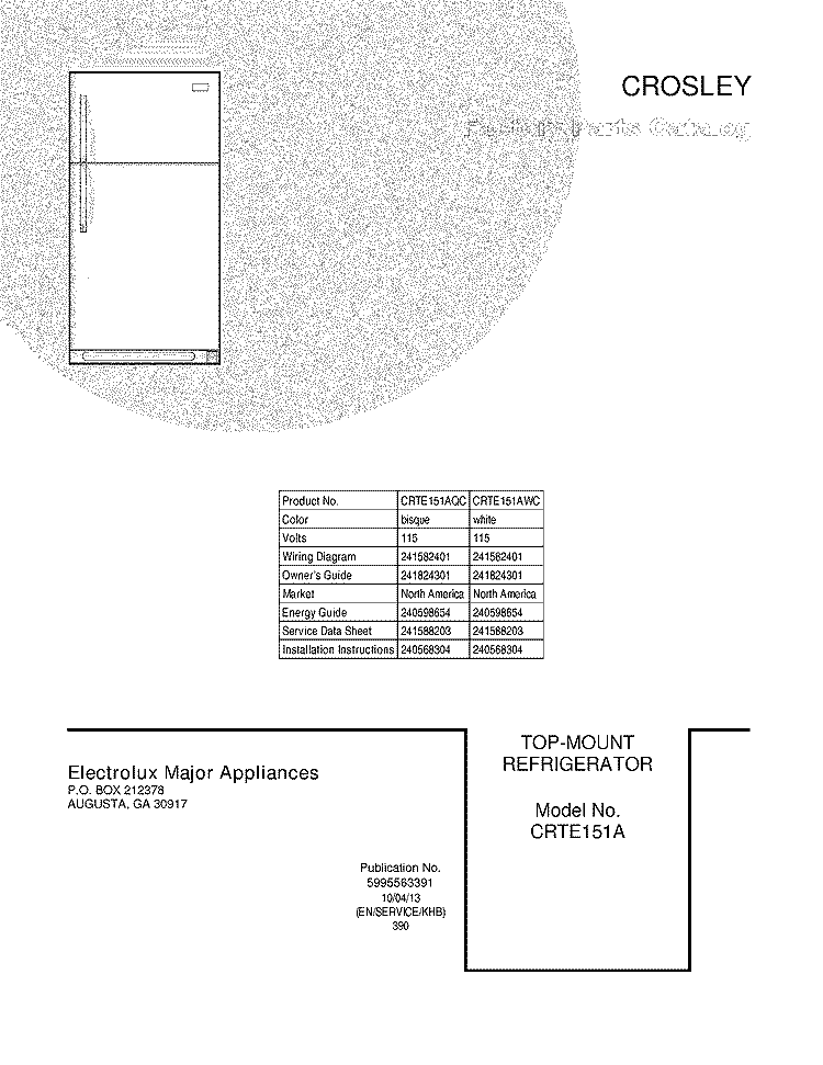COVER Diagram and Parts List for CRTE151AQC  Crosley Refrigerator
