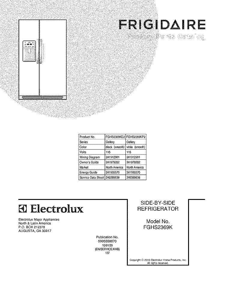 COVER Diagram and Parts List for FGHS2369KP2  Frigidaire Refrigerator