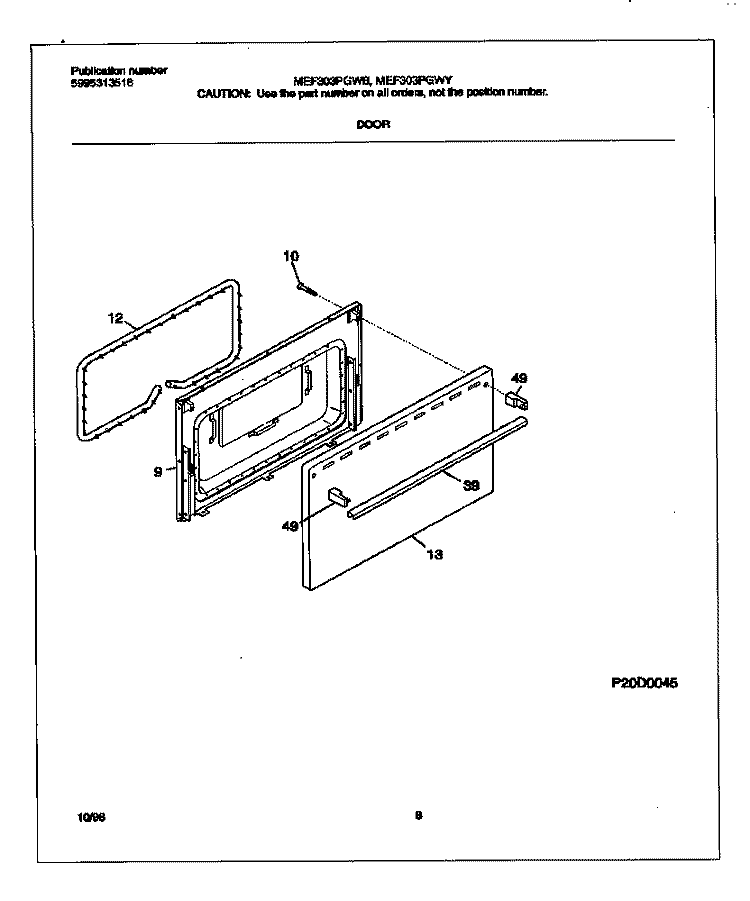 DOOR Diagram and Parts List for MEF303PGWB  Frigidaire Range