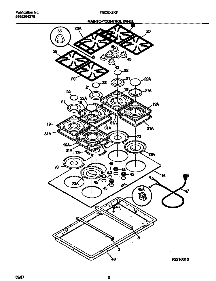 MAINTOP / CONTROL PANEL Diagram and Parts List for FGC6X9XFWA  Frigidaire Cooktop