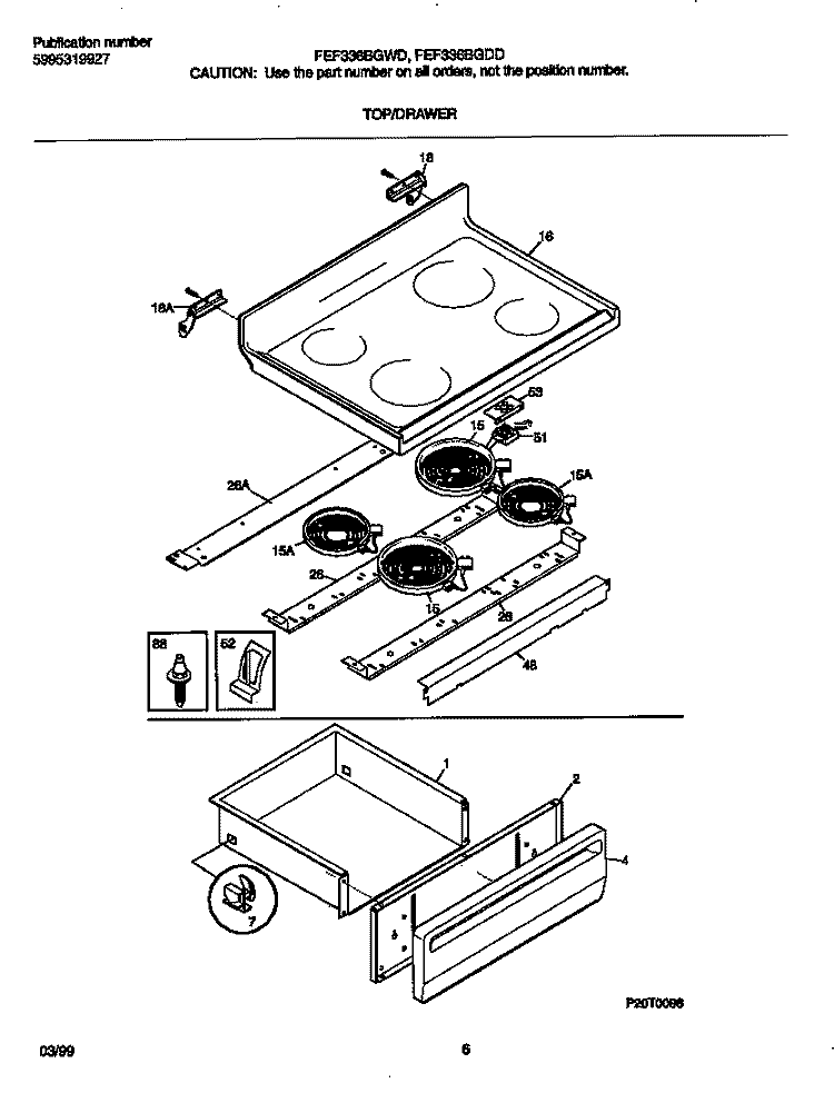 TOP / DRAWER Diagram and Parts List for FEF336BGWD  Frigidaire Range