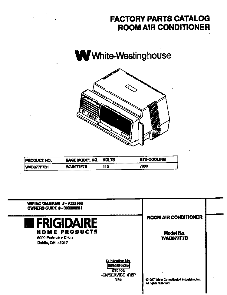 COVER Diagram and Parts List for WAB077F7B1  Frigidaire Air Conditioner