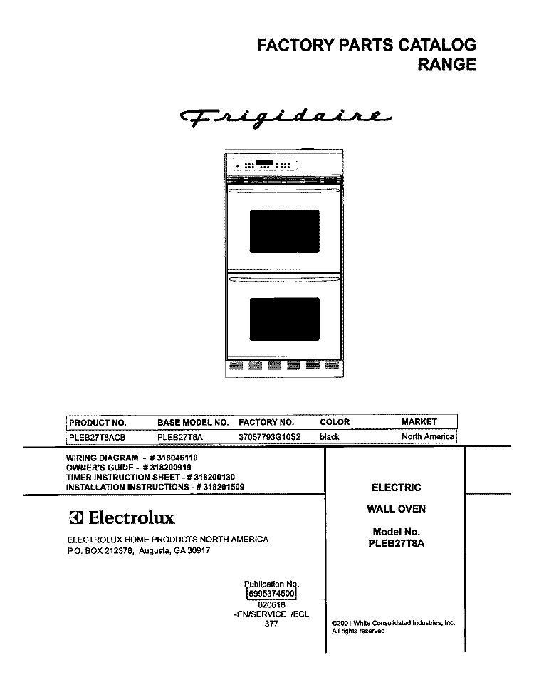 COVER Diagram and Parts List for PLEB27T8ACB  Frigidaire Wall Oven