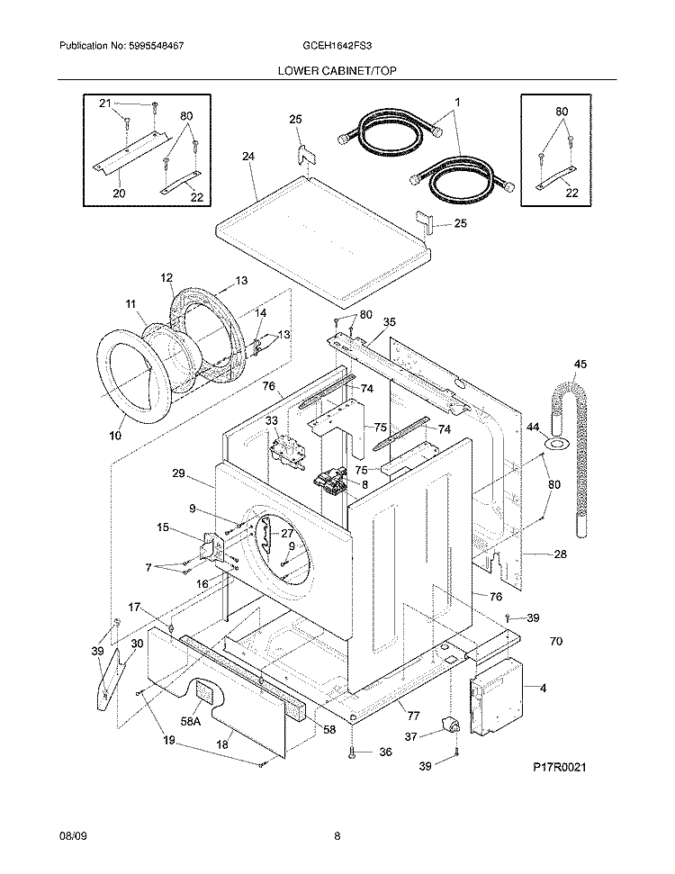 LOWER CABINET/TOP Diagram and Parts List for GCEH1642FS3  Frigidaire Washer Dryer Combo