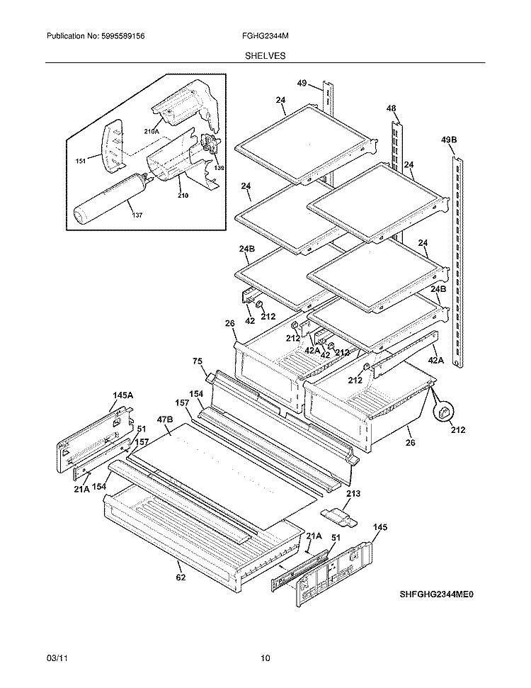 SHELVES Diagram and Parts List for FGHG2344MP1  Frigidaire Refrigerator