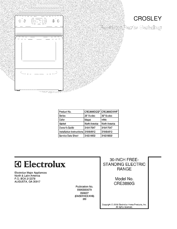 COVER Diagram and Parts List for CRE3880GWWF  Crosley Range