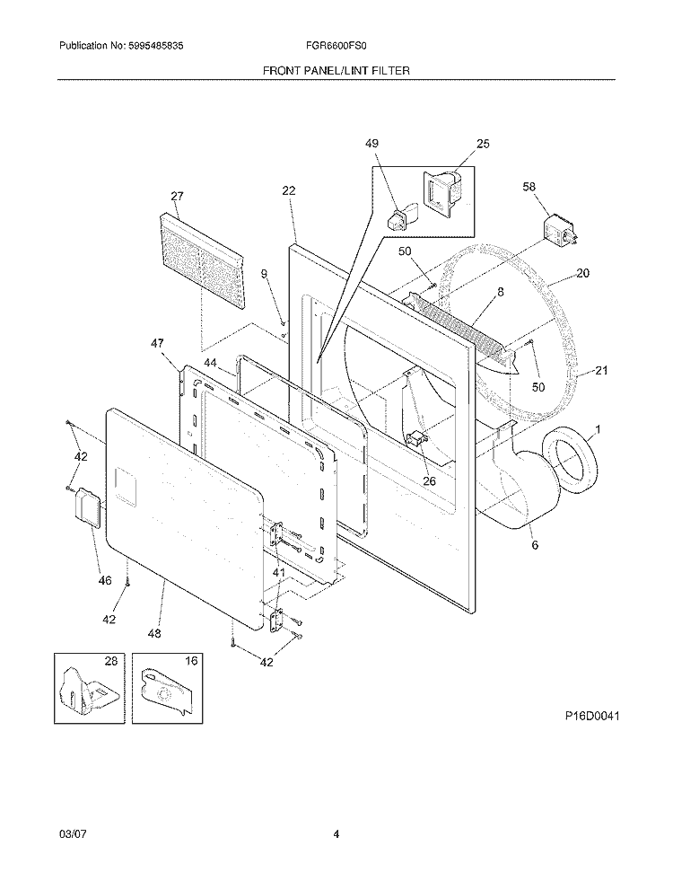 FRONT PANEL / LINT FILTER Diagram and Parts List for FGR6600FS0  Frigidaire Dryer