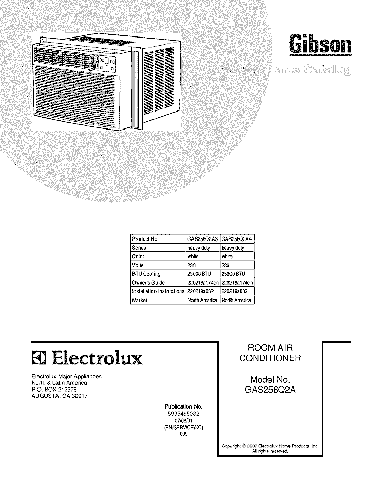 COVER Diagram and Parts List for GAS256Q2A4  Gibson Air Conditioner